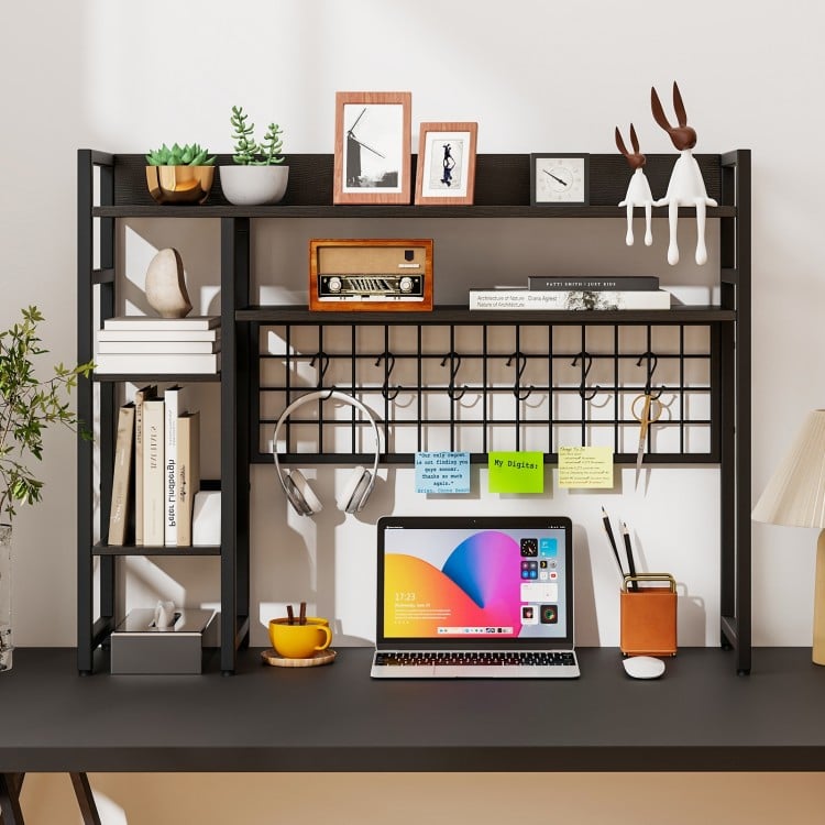 4-Tier Desk Shelf Desktop Display Rack with Metal Grid Panel and 6 Hooks-Black