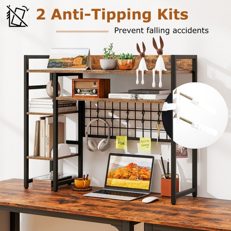 4-Tier Desk Shelf Desktop Display Rack with Metal Grid Panel and 6 Hooks-Rustic Brown