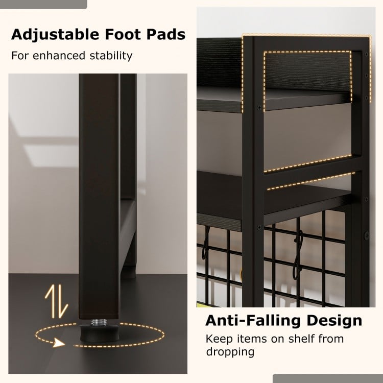 4-Tier Desk Shelf Desktop Display Rack with Metal Grid Panel and 6 Hooks-Black