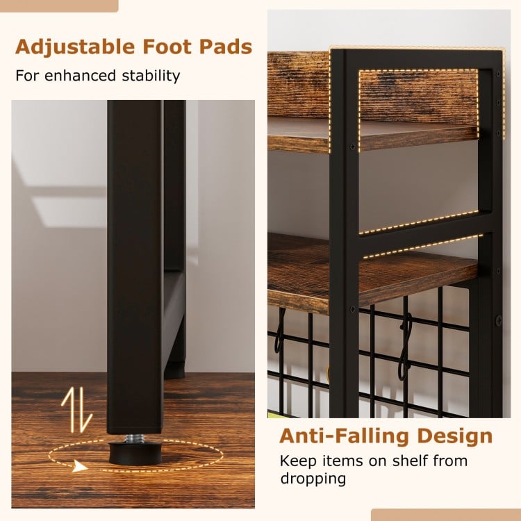 4-Tier Desk Shelf Desktop Display Rack with Metal Grid Panel and 6 Hooks-Rustic Brown