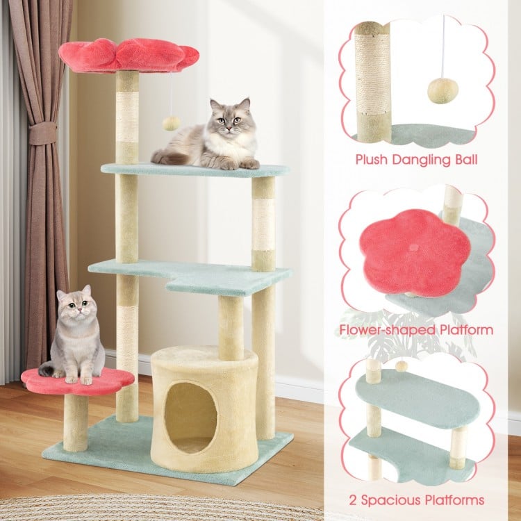 49 Inch Tall Multi-Level Aesthetic Floral Kitten Tower with Flower-Shaped Plush Padded Perch-Multicolor