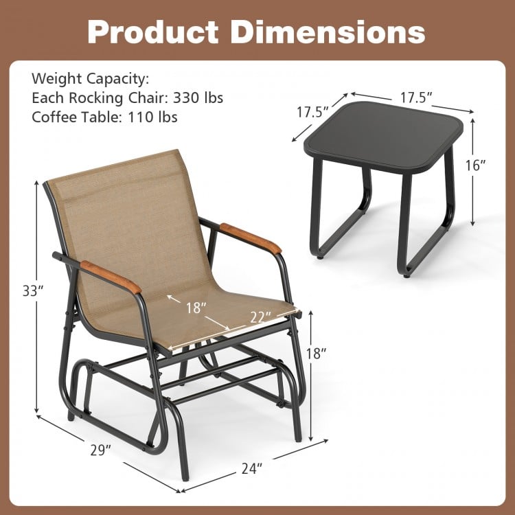 3-Piece Outdoor Glider Bistro Set with Tempered Glass Top and Metal Frame-Coffee