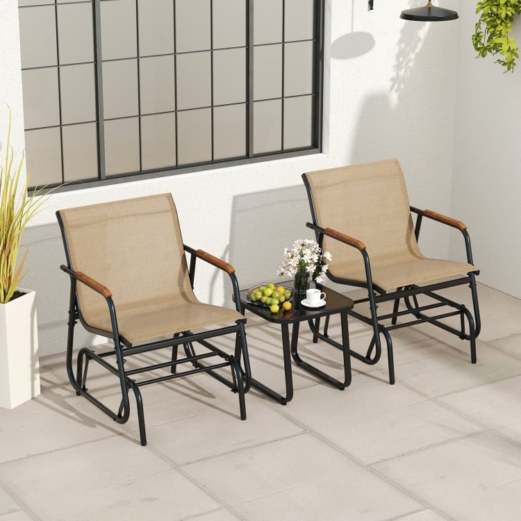 3-Piece Outdoor Glider Bistro Set with Tempered Glass Top and Metal Frame-Coffee