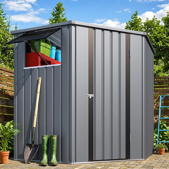 Corner Outdoor Storage Shed with Openable Windows – Dark Grey Metal Garden Storage Shelter