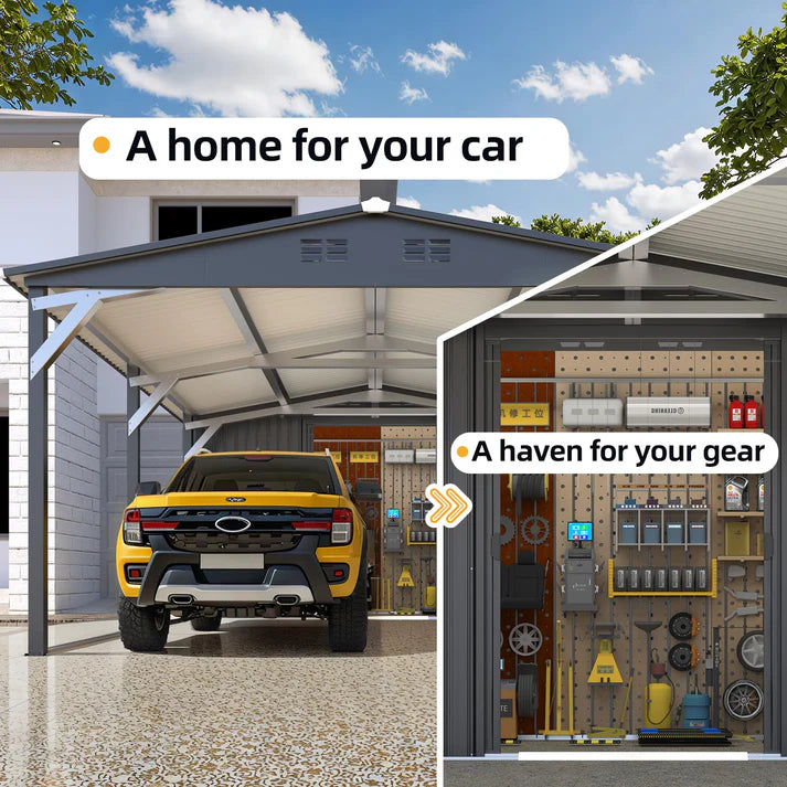YODOLLA 12' x 23' Outdoor Storage Shed & Heavy Duty Metal Carport Shelter – Waterproof Weather-Resistant Garage with Locking Storage Room, Dark Grey