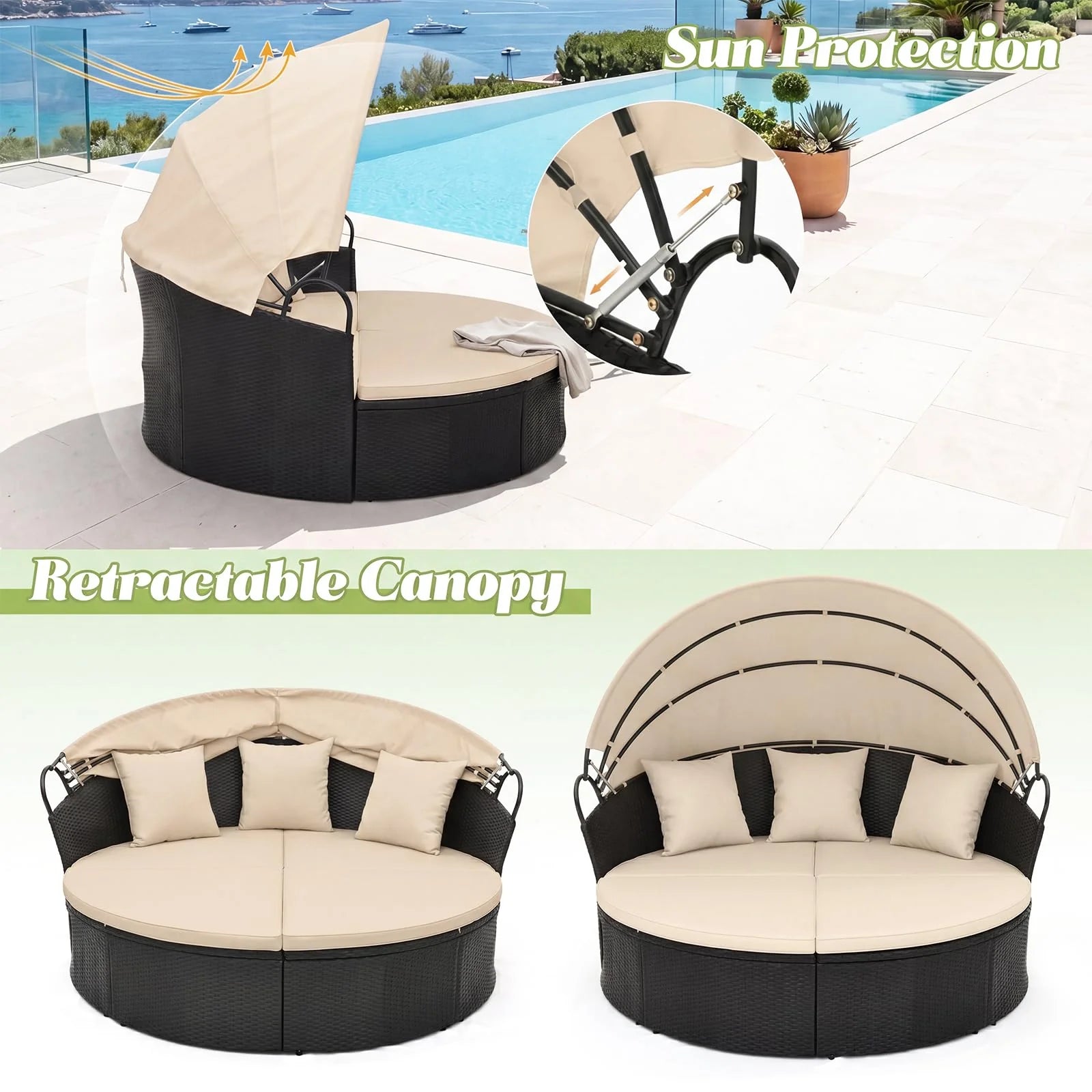 Outdoor Patio Round Daybed with Retractable Canopy & Cushions