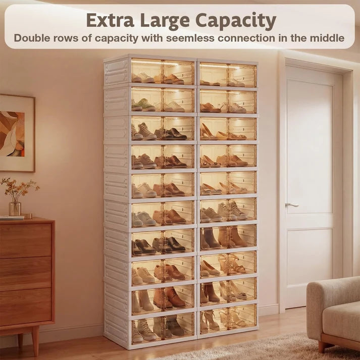2-Pack 10-Tier Foldable Shoe Rack Organizer – 40 Pairs, Stackable Storage Cabinet with Clear Doors