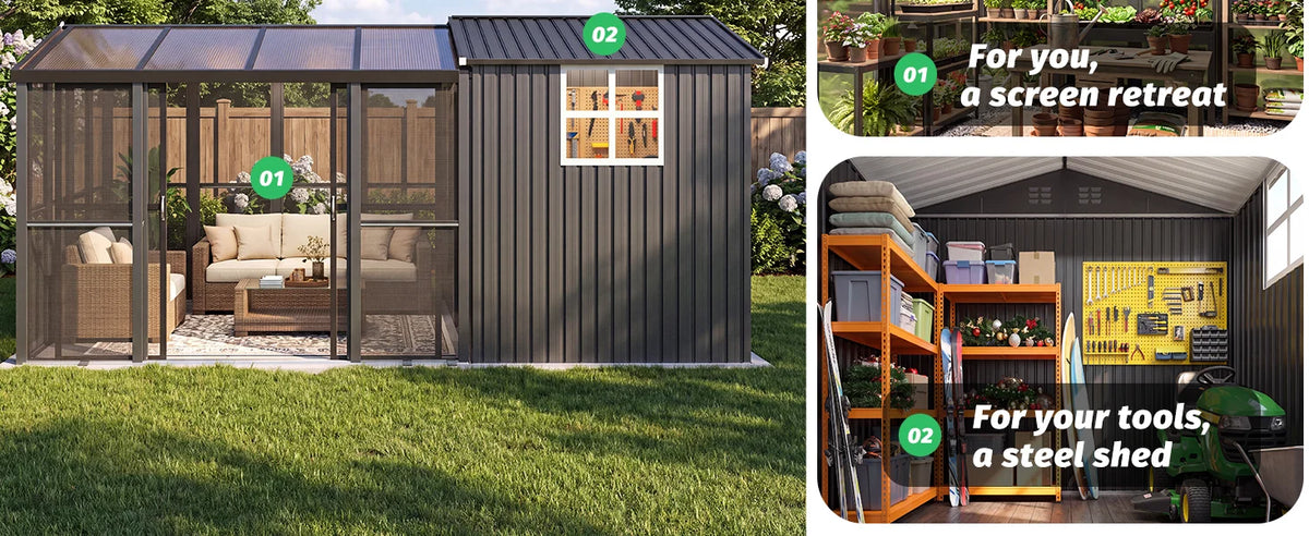 2-in-1 Outdoor Sunroom & Storage Shed – 10×10 FT Patio Shelter with 6×10 FT Shed, Windows & Polycarbonate Roof