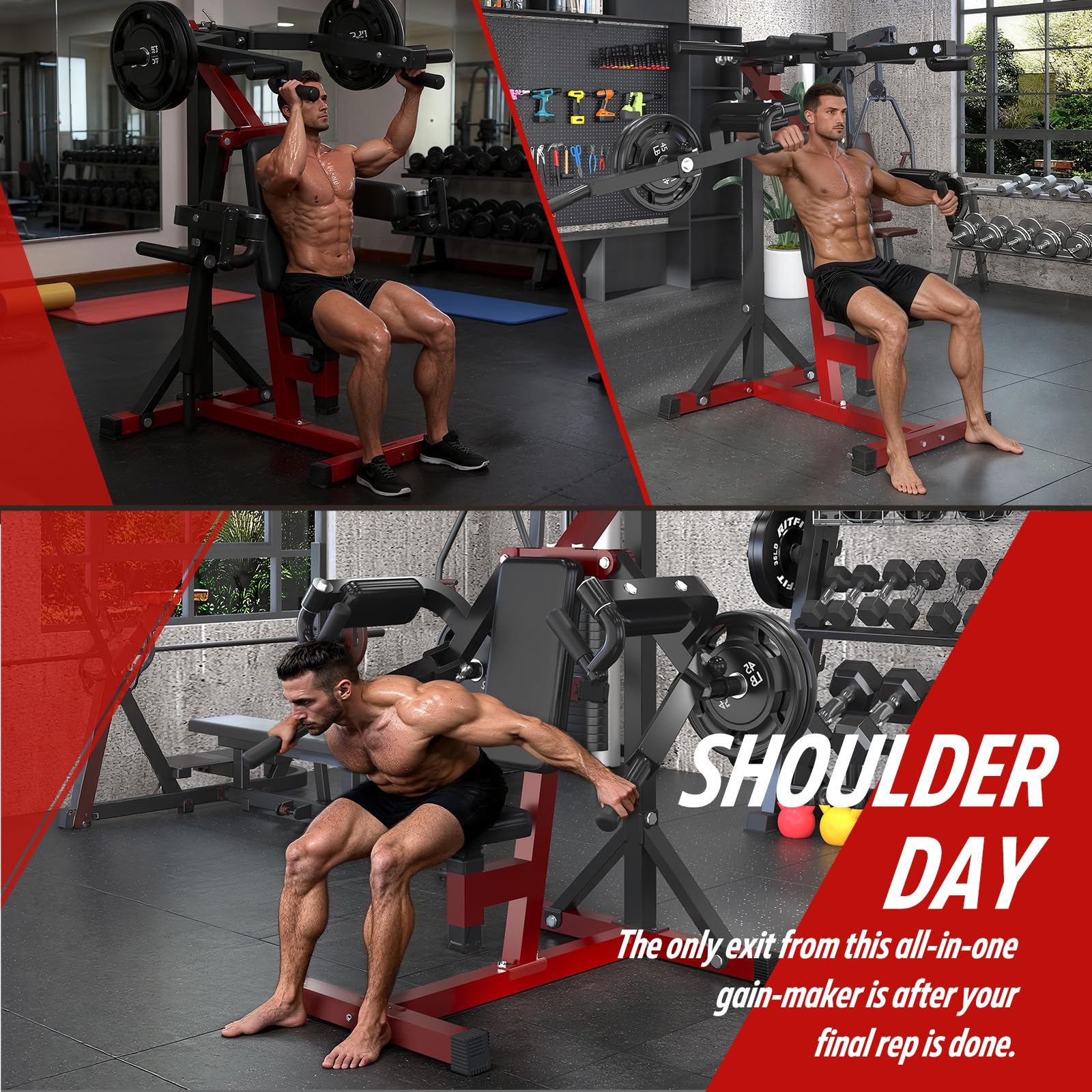 YODOLLA 3-in-1 Shoulder Press & Deltoid Machine – Adjustable Upper Body Workout Trainer (Black/Red)
