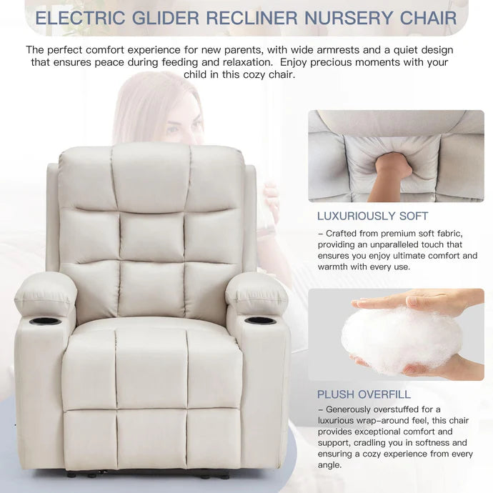 AECOJOY Electric Glider Recliner Nursery Chair with Lumbar Support, Cup Holders & Side Pockets