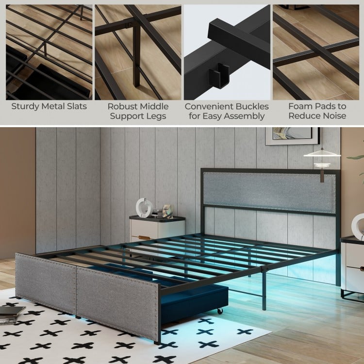 Full/Queen/Twin Size Bed Frame with LED Lights Drawer and Metal Slats-Queen Size