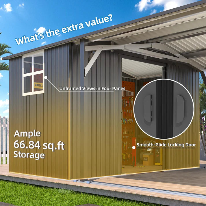 YODOLLA 12' x 23' Outdoor Storage Shed & Heavy Duty Metal Carport Shelter – Waterproof Weather-Resistant Garage with Locking Storage Room, Dark Grey