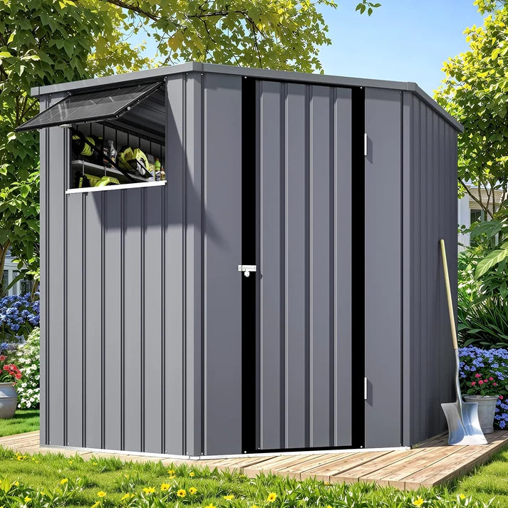 Corner Outdoor Storage Shed with Openable Windows – Dark Grey Metal Garden Storage Shelter