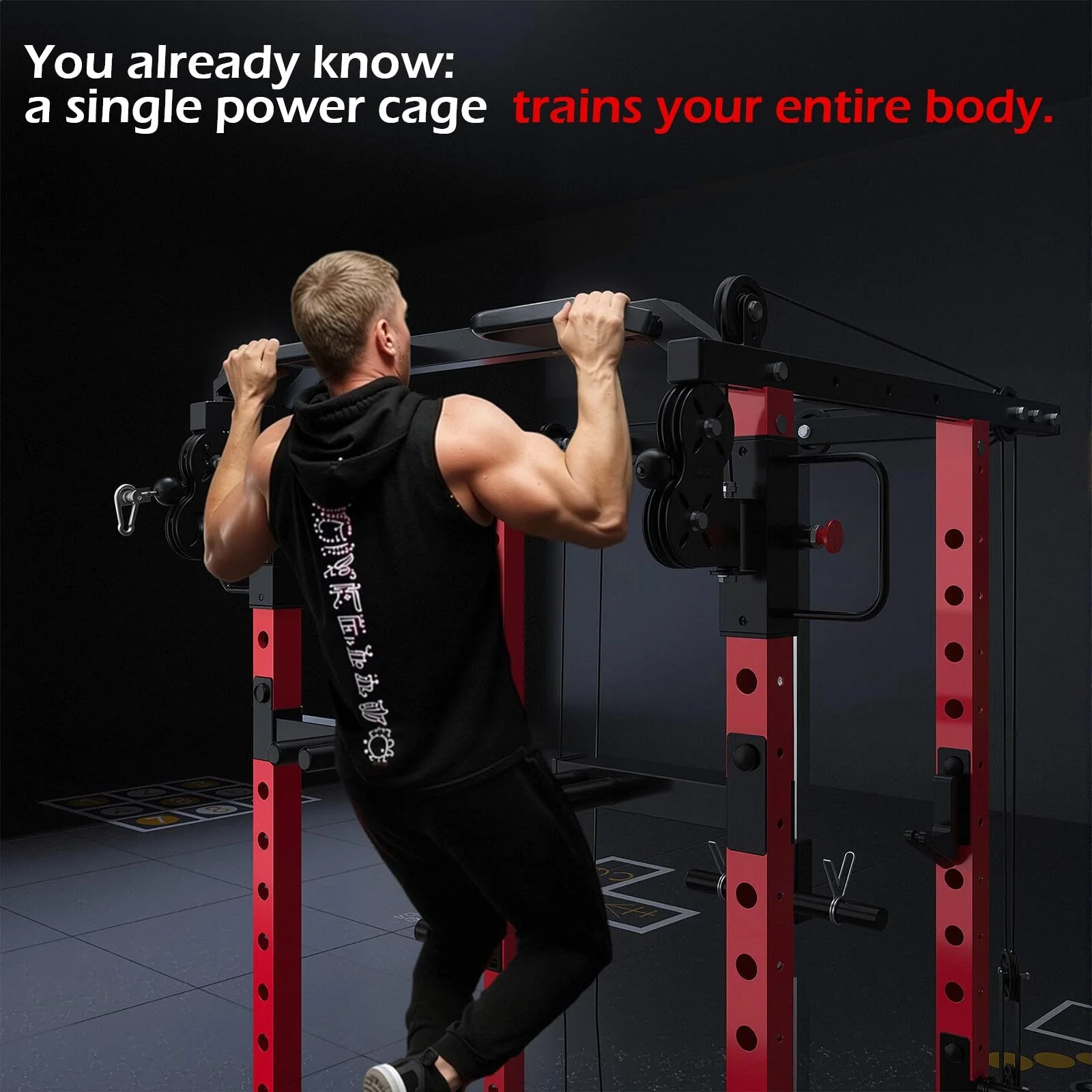 YODOLLA Power Squat Rack Cage with LAT Pulldown – Full Body Home Gym System (Black/Red)