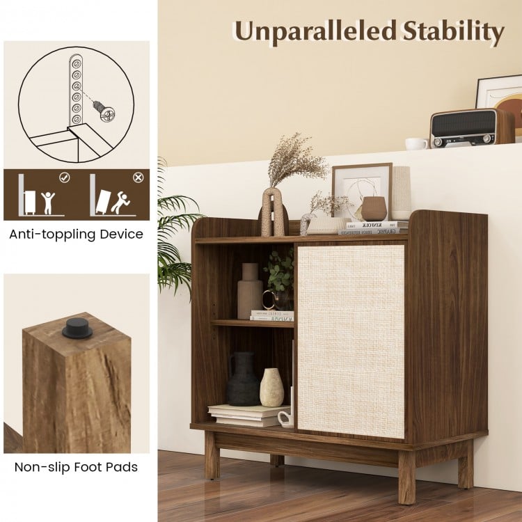 Rattan Buffet Sideboard Mid Century Floor Storage Cabinet with Sliding Door and Adjustable Shelves-Walnut