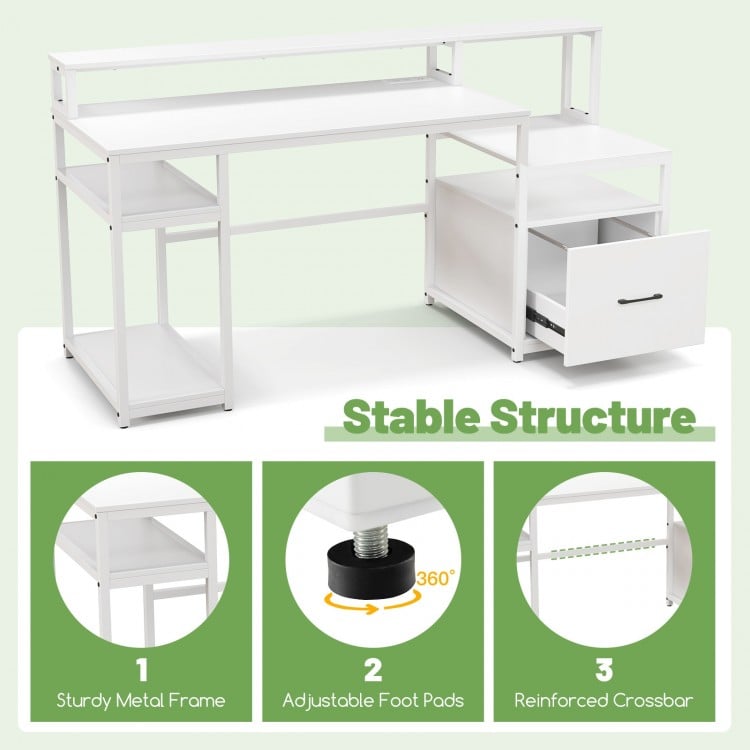 67 Inch Computer Desk with Monitor Stand & File Drawer-White