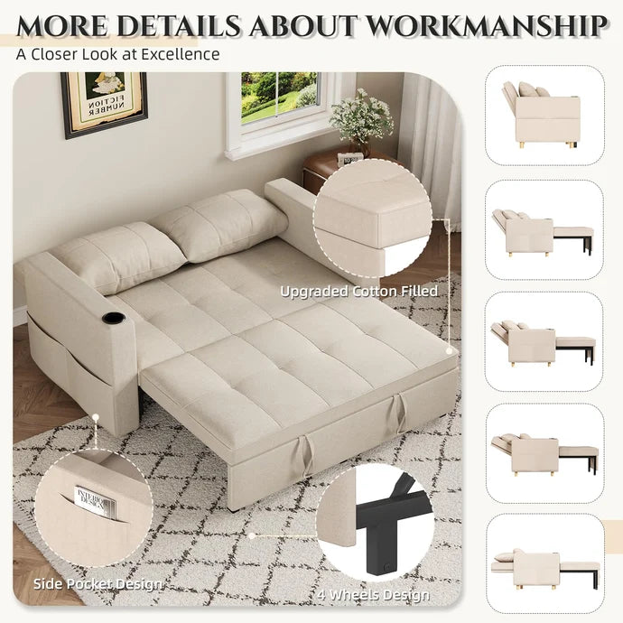 63" 3-in-1 Convertible Sleeper Sofa Bed with Adjustable Backrest & Cup Holders