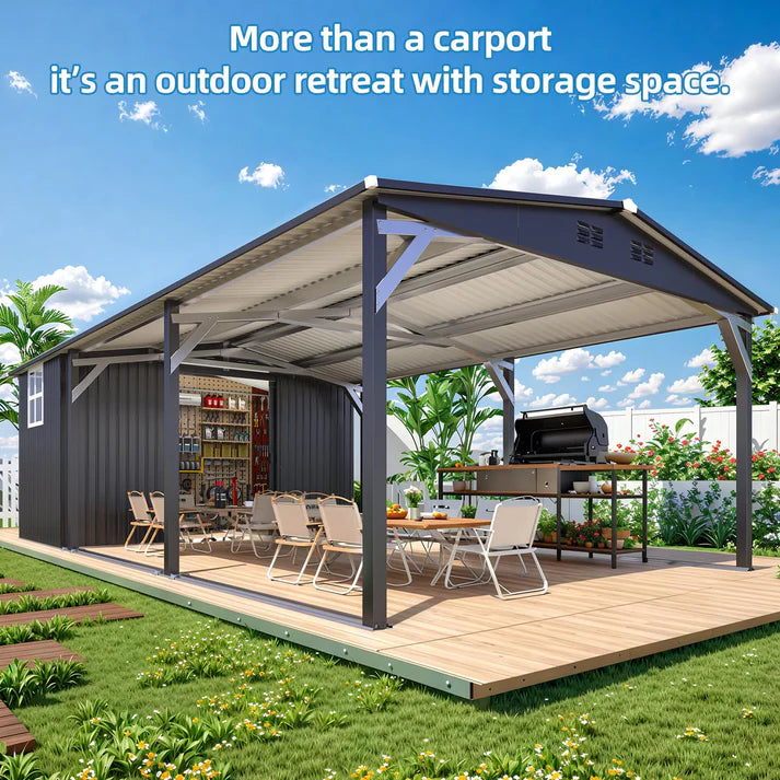 YODOLLA 12' x 23' Outdoor Storage Shed & Heavy Duty Metal Carport Shelter – Waterproof Weather-Resistant Garage with Locking Storage Room, Dark Grey
