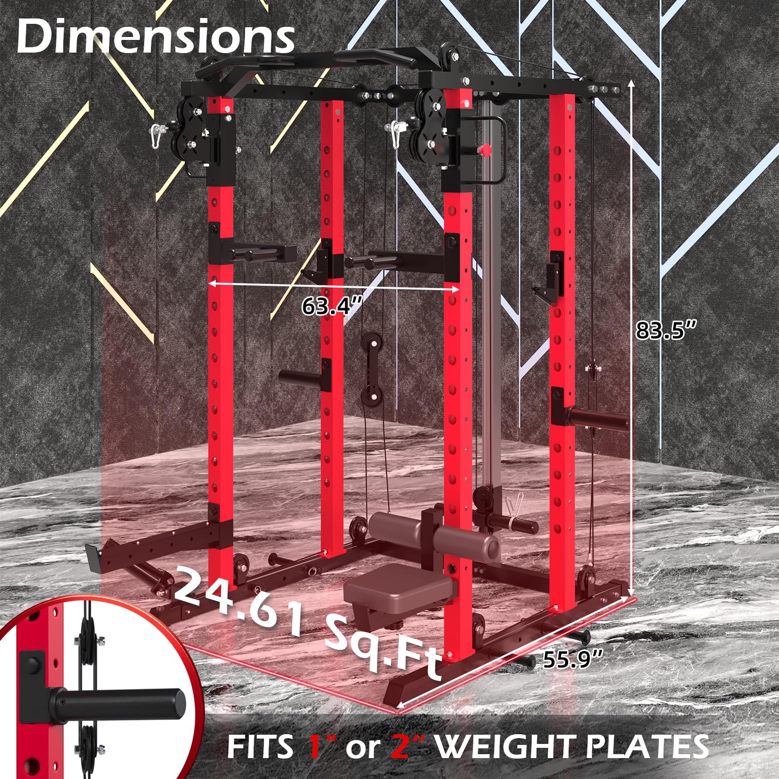 YODOLLA Power Squat Rack Cage with LAT Pulldown – Full Body Home Gym System (Black/Red)