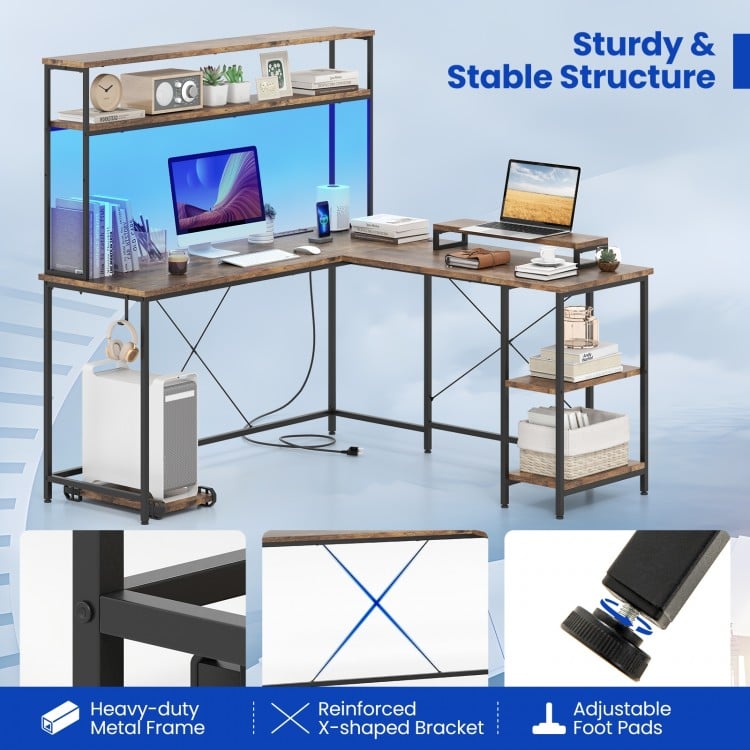 L-Shaped Reversible Gaming Desk with LED Strip and Power Outlets Hutch Monitor Stand-Rustic Brown