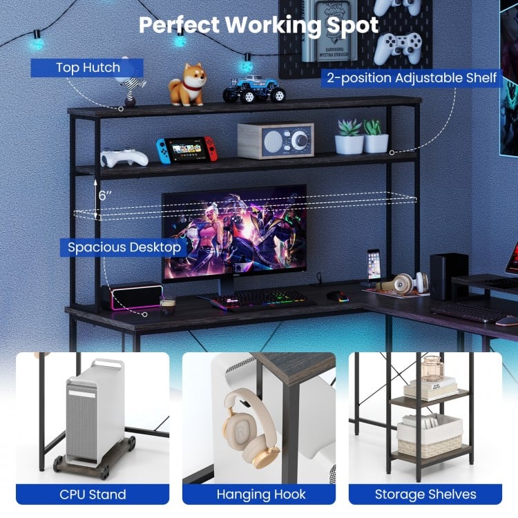L-Shaped Reversible Gaming Desk with LED Strip and Power Outlets Hutch Monitor Stand-Gray