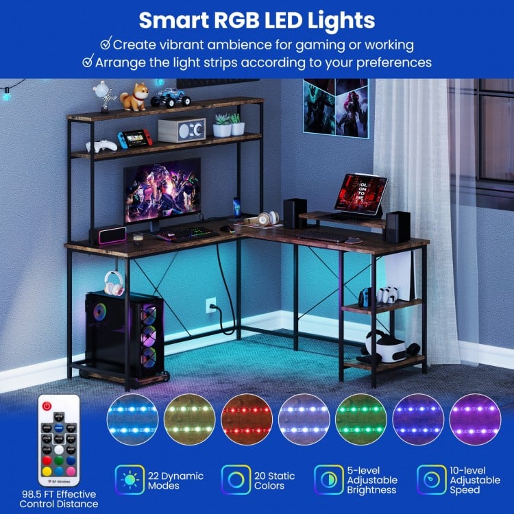 L-Shaped Reversible Gaming Desk with LED Strip and Power Outlets Hutch Monitor Stand-Rustic Brown