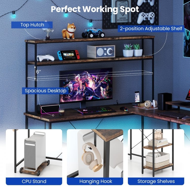 L-Shaped Reversible Gaming Desk with LED Strip and Power Outlets Hutch Monitor Stand-Rustic Brown
