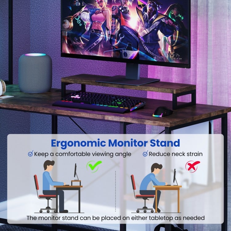 L-Shaped Reversible Gaming Desk with LED Strip and Power Outlets Hutch Monitor Stand-Rustic Brown
