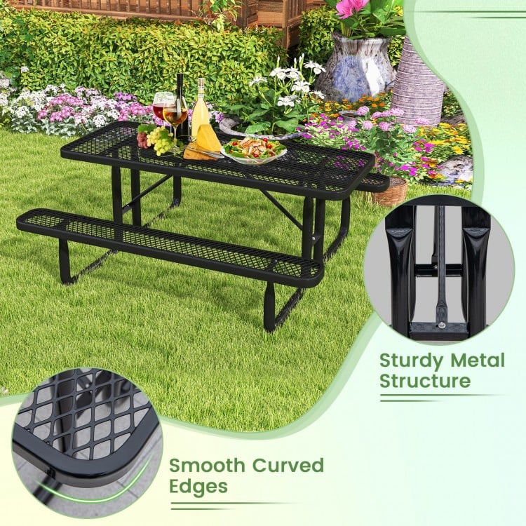Outdoor Picnic Table and Bench Set for 8 Person with Seats and Mesh Grid-Black