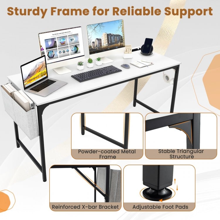 60 Inch Computer Desk with Charging Station Storage Bag-White