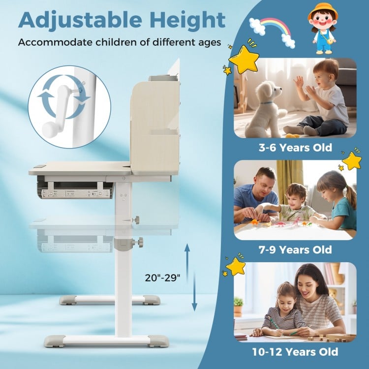 Height Adjustable Kids Study Desk with Tilt Desktop for 3-12 Years Old-Gray