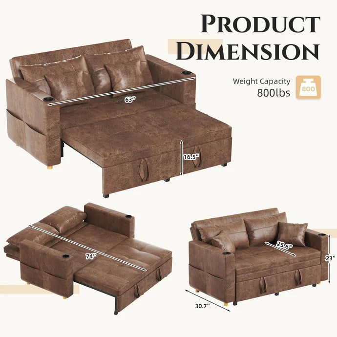 63" 3-in-1 Convertible Sleeper Sofa Bed with Adjustable Backrest & Cup Holders