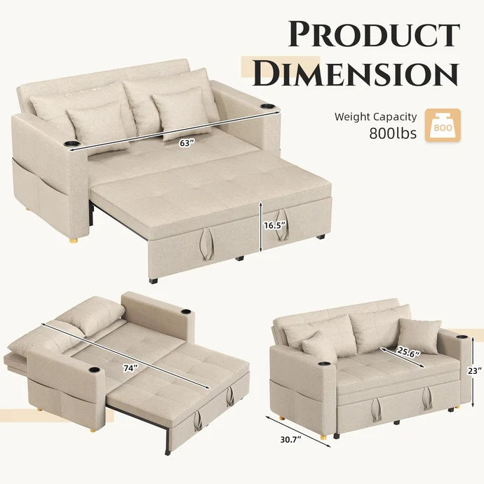 63" 3-in-1 Convertible Sleeper Sofa Bed with Adjustable Backrest & Cup Holders