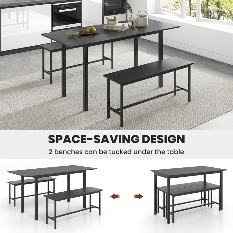 3 Piece Dining Table Set for 4-6 with 2 Benches-Black