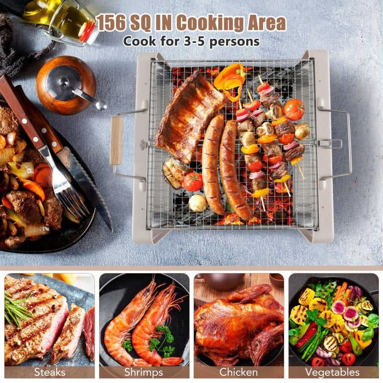 Folding Charcoal BBQ Grill with Dishwasher-safe Grill Grids and Charcoal Box