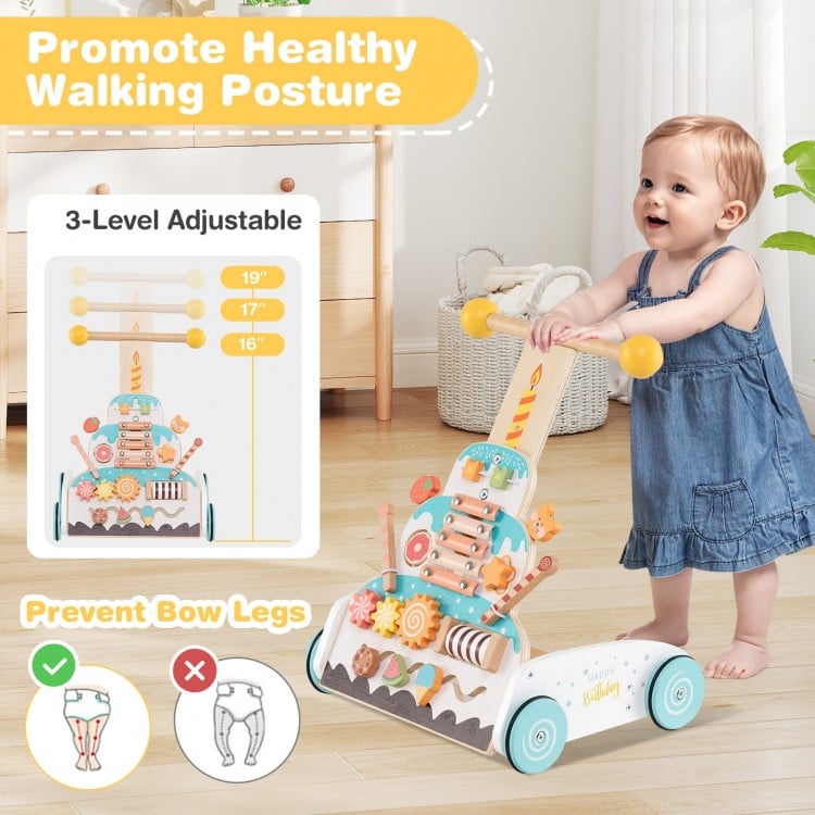 Wooden Baby Walker with Adjustable Heights and Smooth Wheels-White