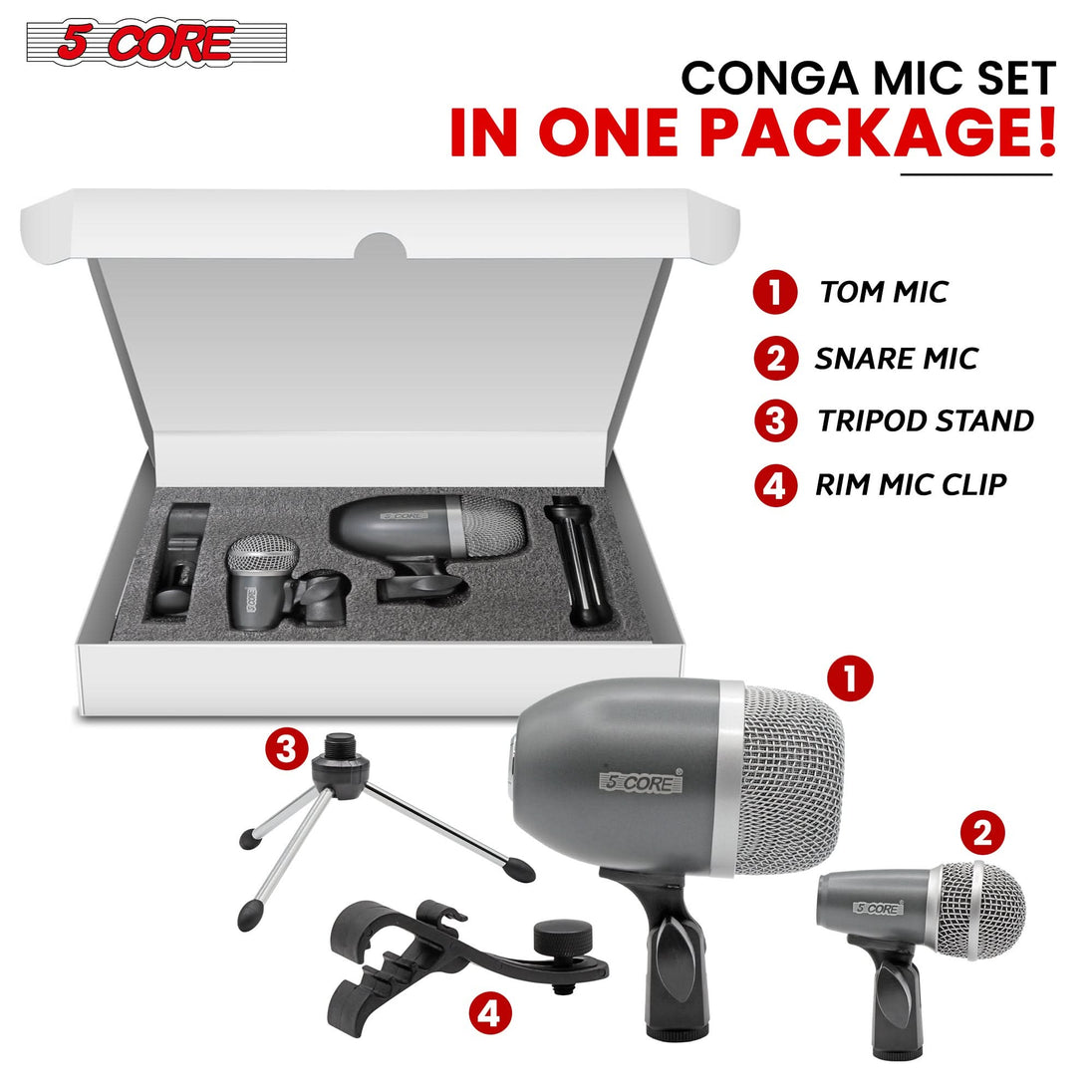 5Core Conga Mic Snare Tom Microphone Drum Kit Condenser XLR Instrument Mics GRAY