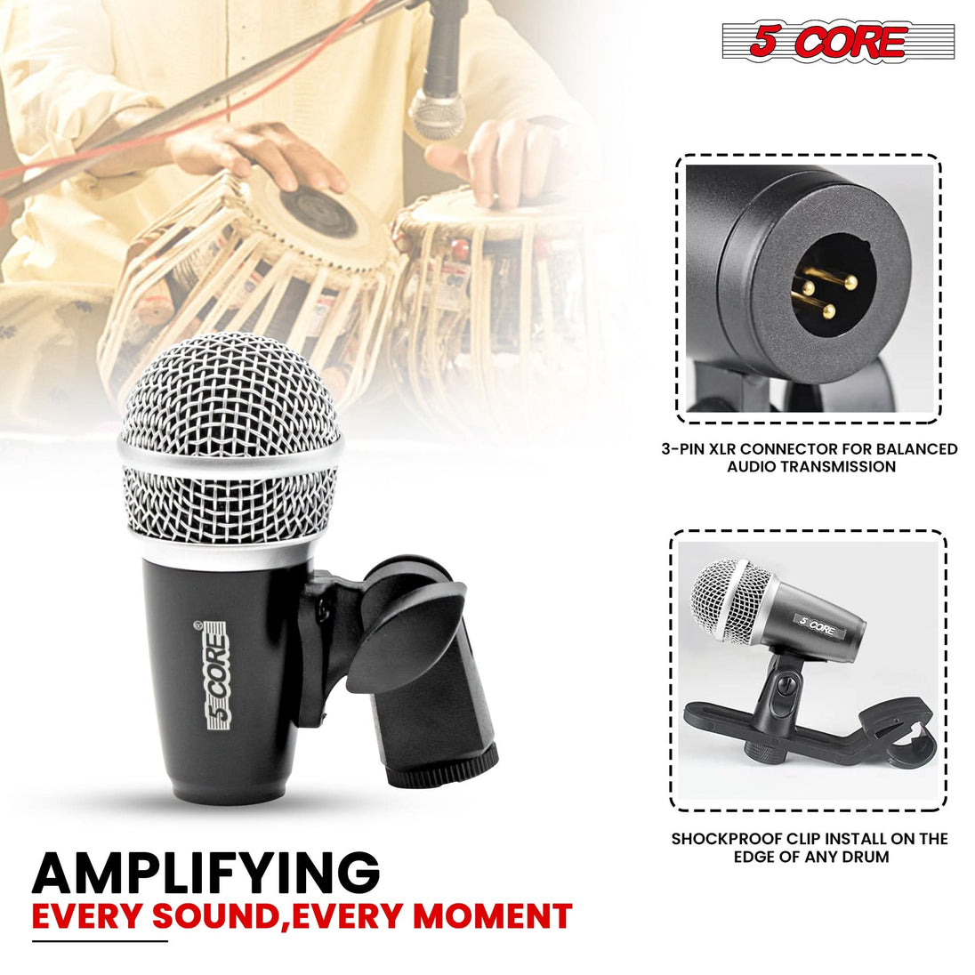 5Core Tabla Microphone Set Uni-Directional XLR Kick Snare Bayan Dayan Instrument Mic BLACK
