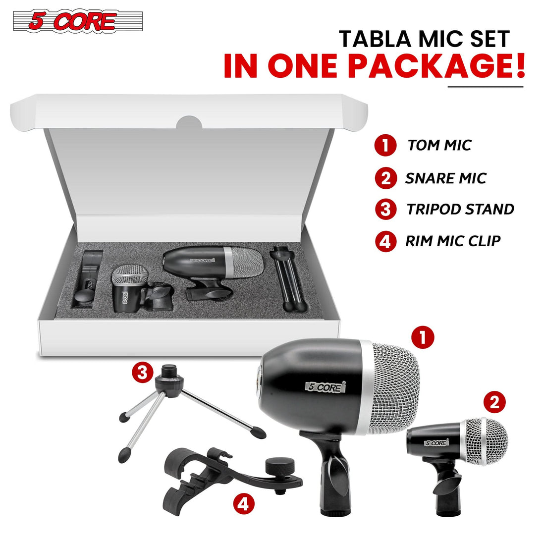 5Core Tabla Microphone Set Uni-Directional XLR Kick Snare Bayan Dayan Instrument Mic BLACK