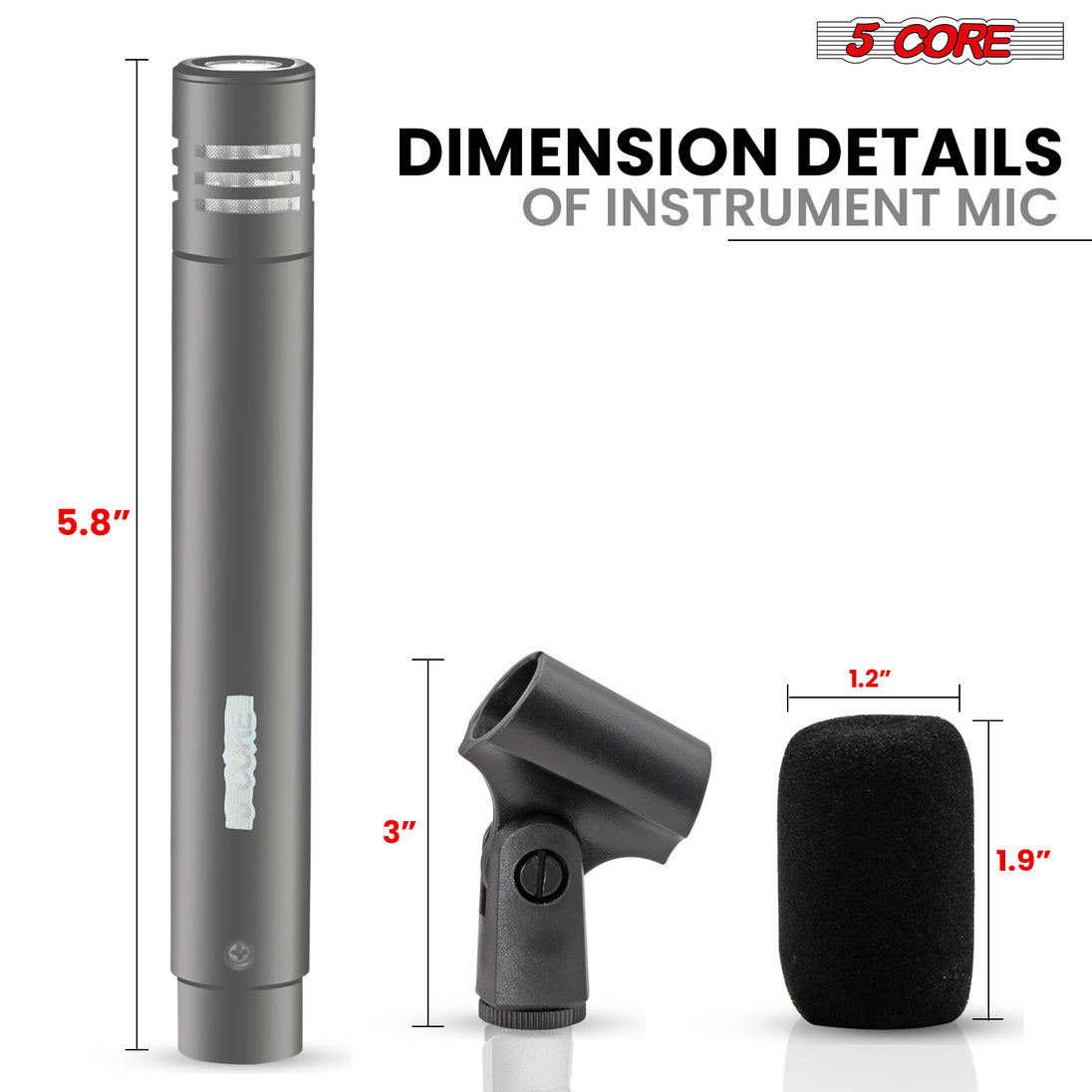 5 Core Professional Instrument Microphone - XLR Cardioid Pencil Condenser Mic in Grey Finish