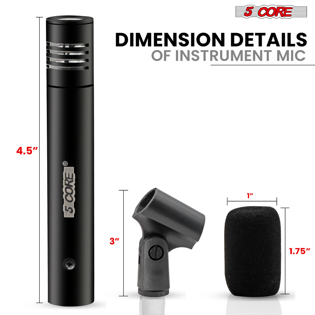 5 Core Professional Instrument Microphone - XLR Cardioid Pencil Condenser Mic, Black