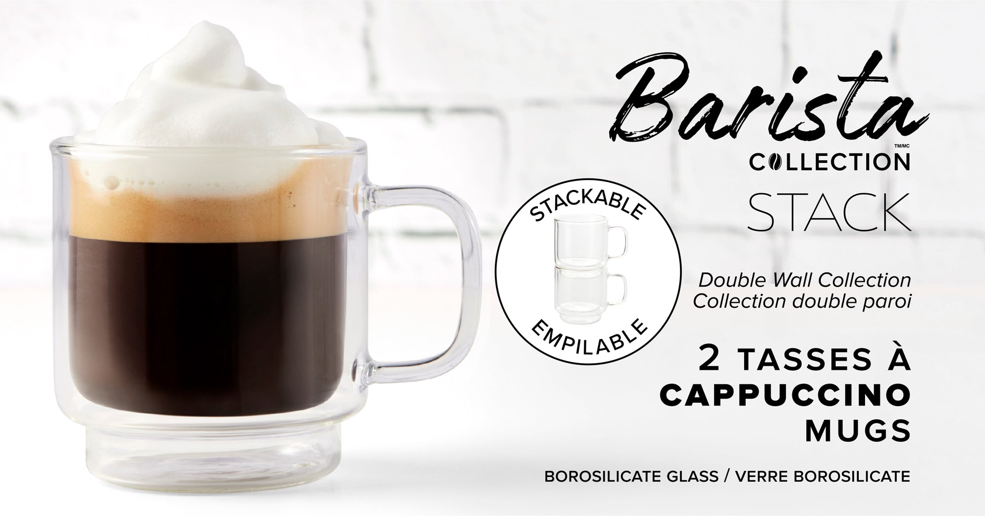 Insulated Double-Wall Glass Coffee Tea Hot or Cold Beverage Mug 2 Piece Set 250ml, Barista 