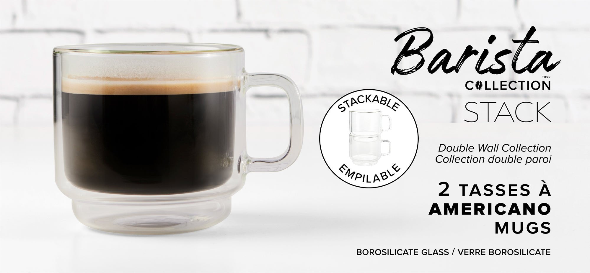 Insulated Double-Wall Glass Coffee Tea Hot or Cold Beverage Mug 2 Piece Set 350ml, Barista 