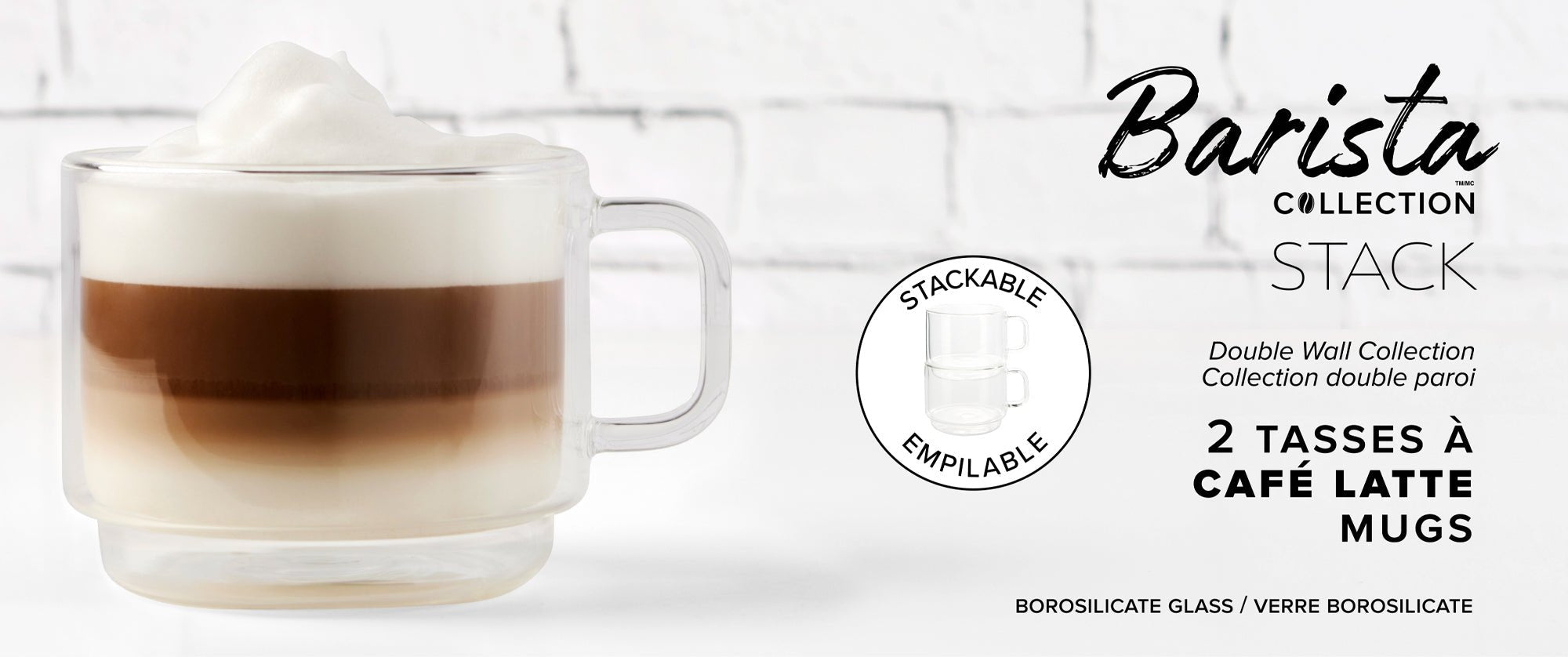 Insulated Double-Wall Glass Coffee Tea Hot or Cold Beverage Mug 2 Piece Set 500ml, Barista 