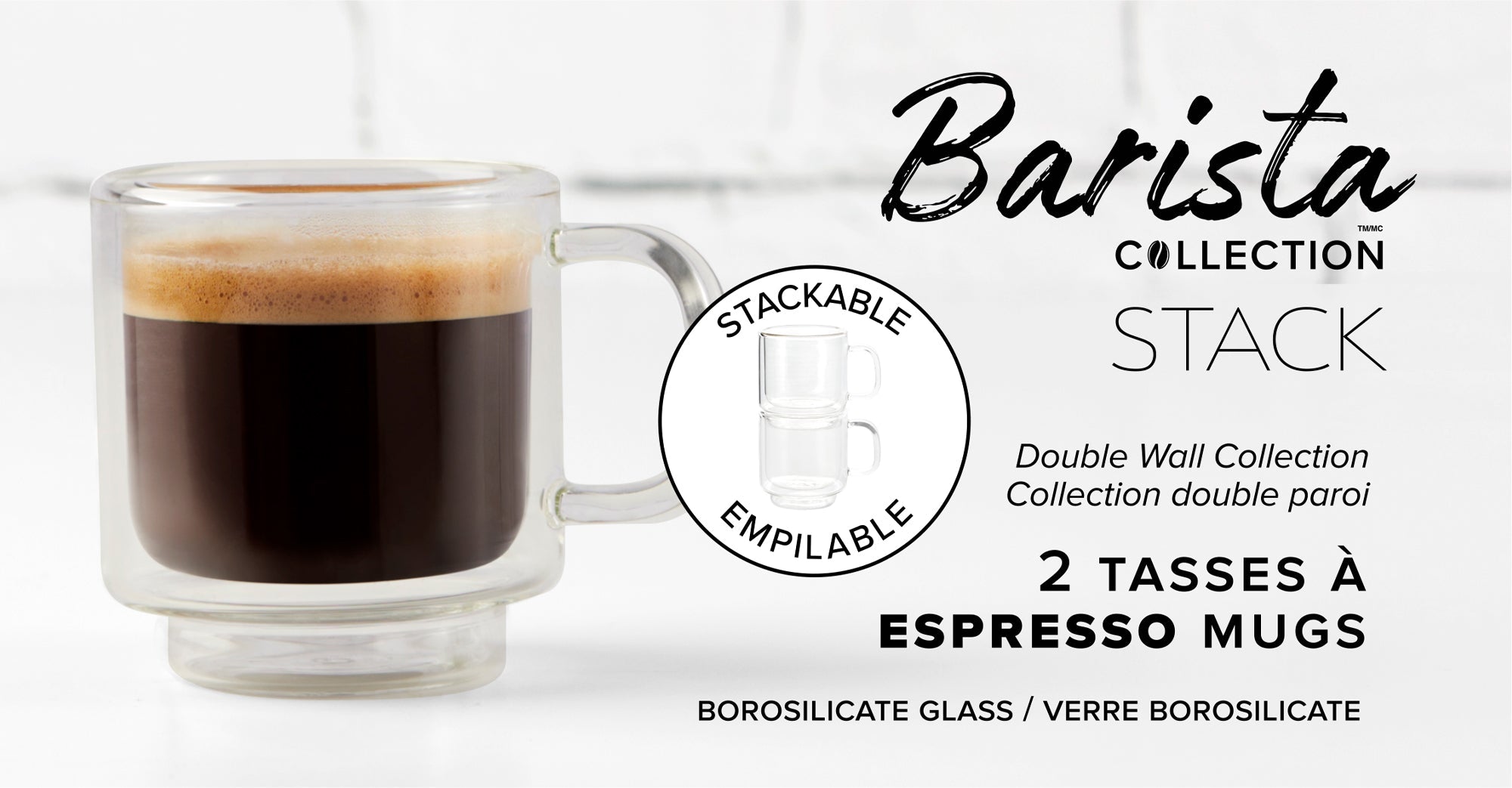 Insulated Double-Wall Glass Coffee Tea Hot or Cold Beverage Mug 2 Piece Set 90ml, Barista 