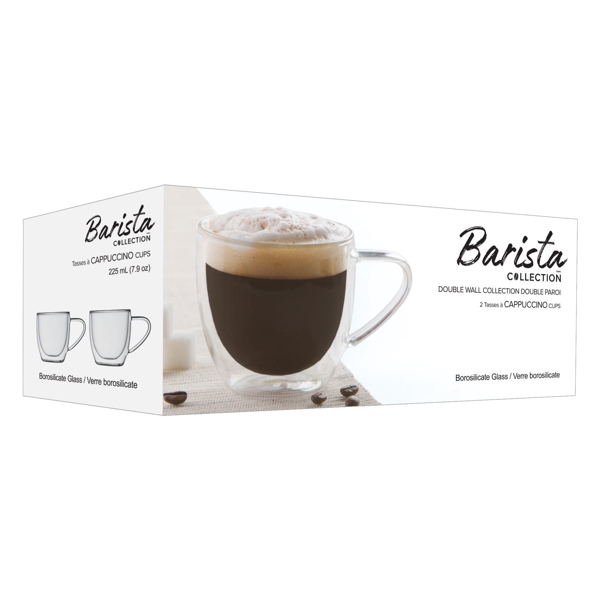 Insulated Double-Wall Glass Coffee Tea Hot or Cold Beverage Mug 4 Piece Set 225ml, Barista 