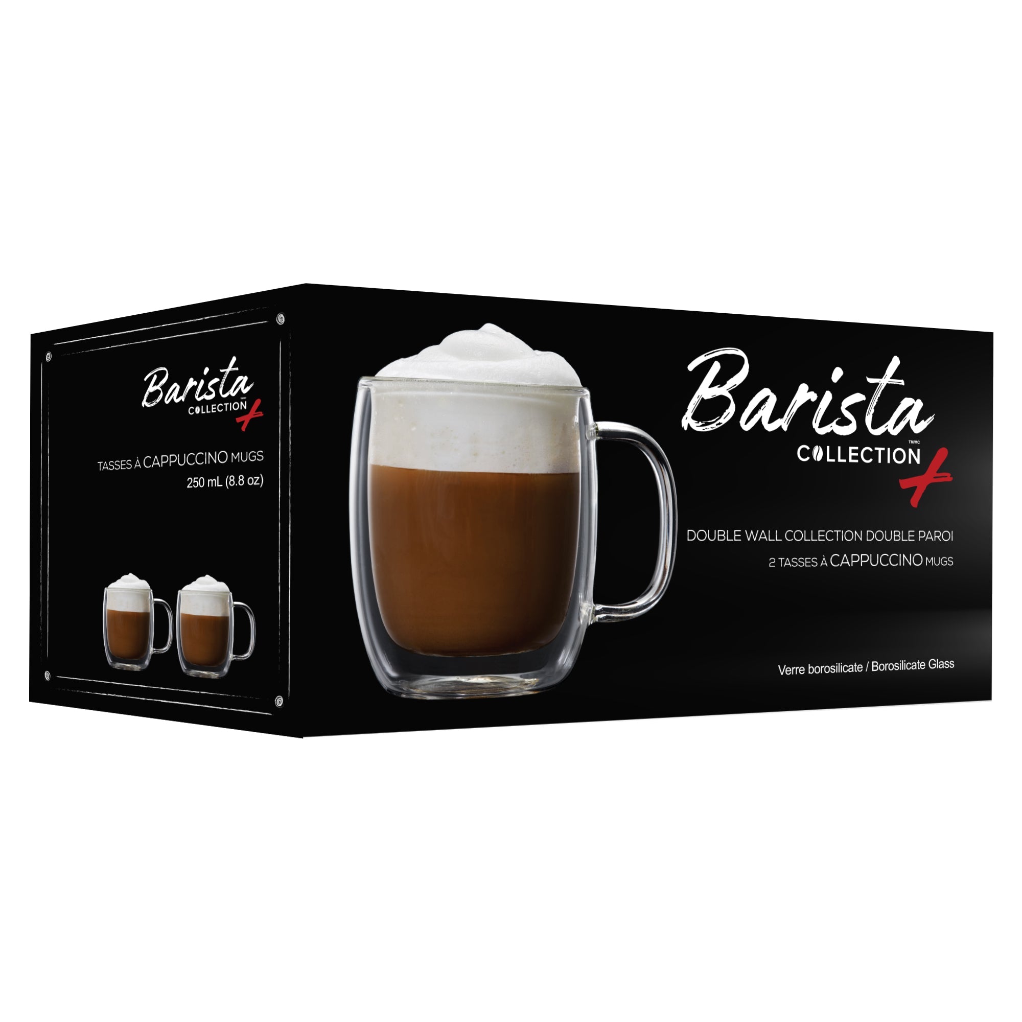 Insulated Double-Wall Glass Coffee Tea Hot or Cold Beverage Mug 4 Piece Set 250ml, Barista 