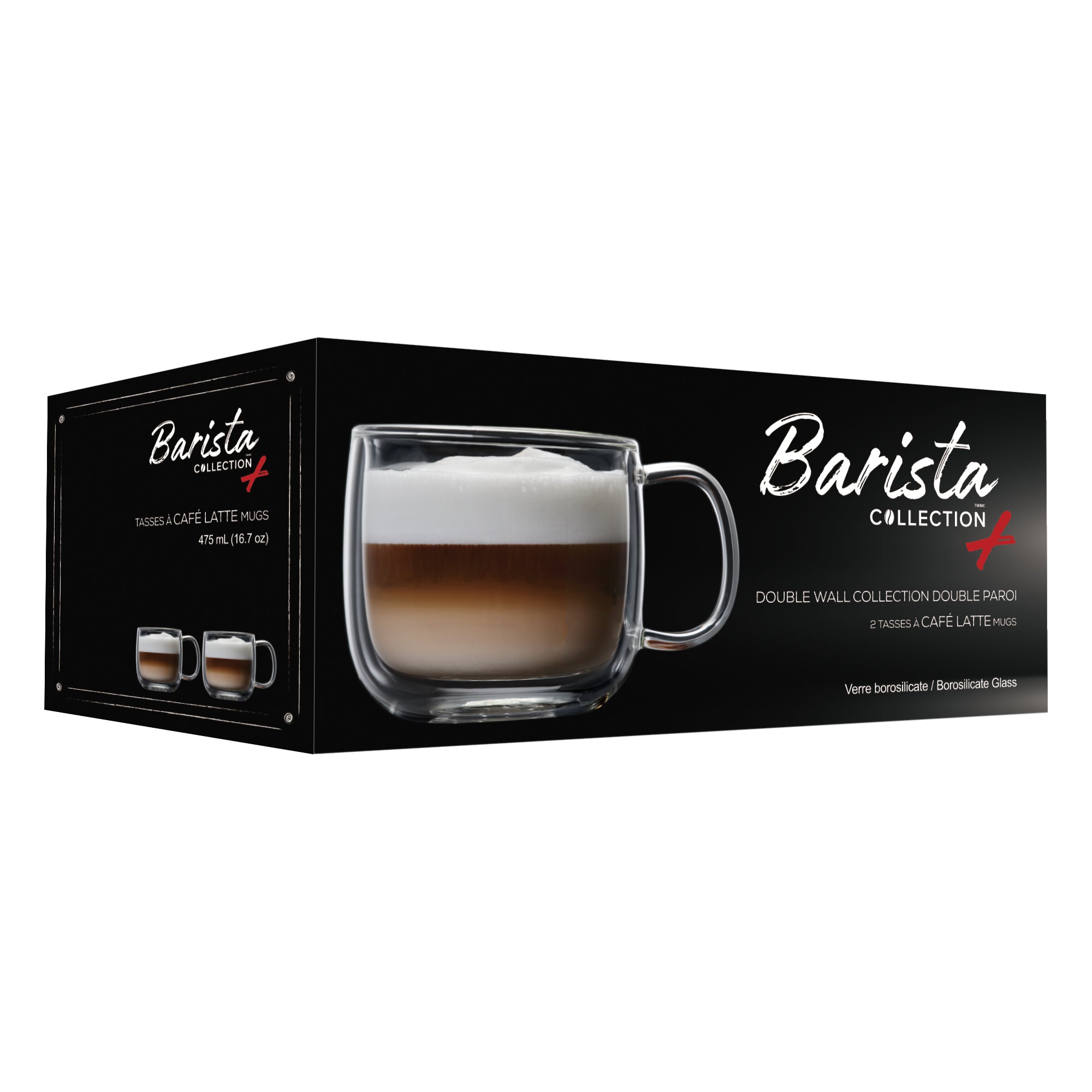 Insulated Double-Wall Glass Coffee Tea Hot or Cold Beverage Mug 4 Piece Set 475ml, Barista 