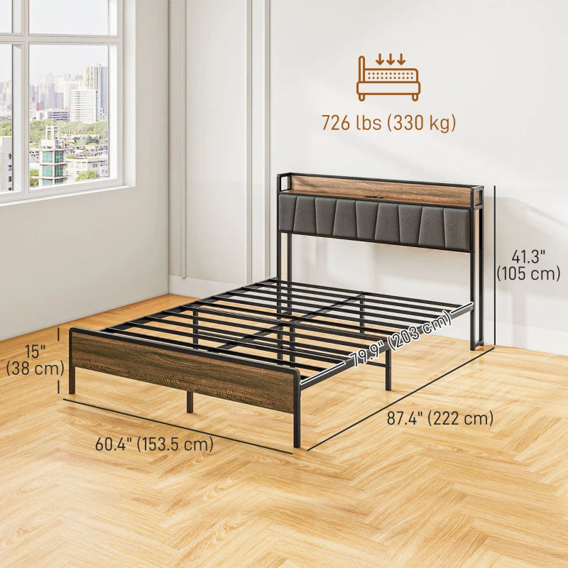 Queen Size Bed Frame with Charging Station, Queen Bed Frame with Upholstered Headboard and Storage Shelf, Walnut