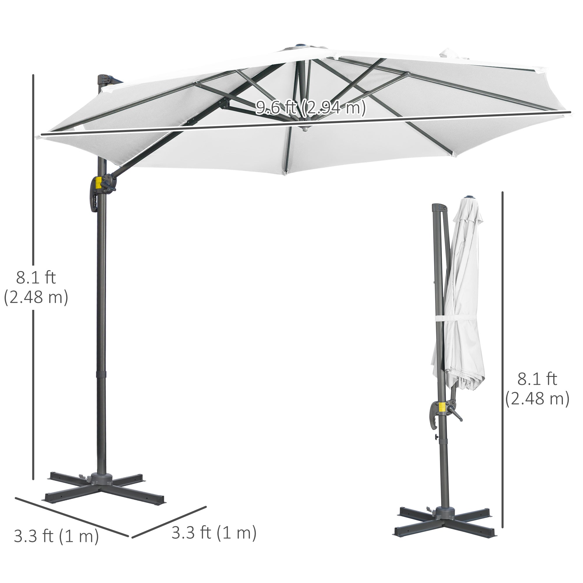Outsunny Offset Patio Umbrella: 10ft Cantilever Sun Shade Cross Base 361° Rotation White Poles 
